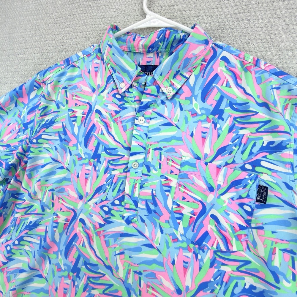 Simply Southern Mens L Tropical Floral Performance Stretch Popover Shirt Blue